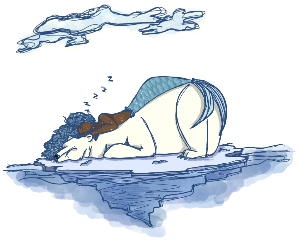 A mermaid laying on top of a polar bear in the Arctic in the snow.