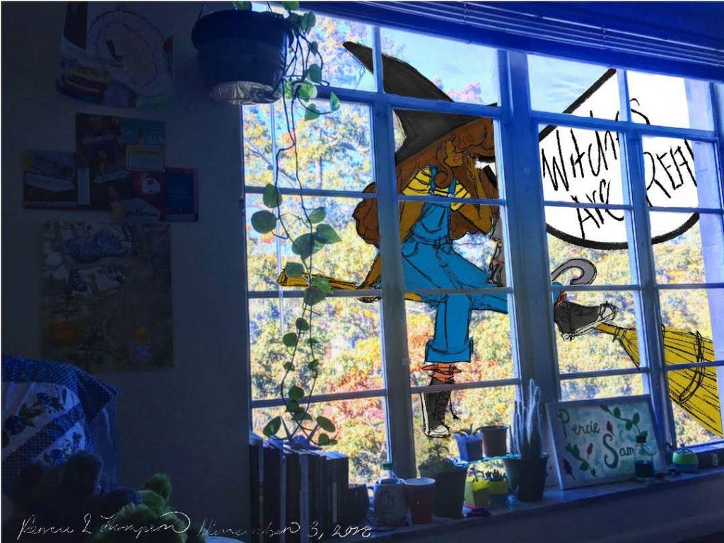 A drawing of a young curly hair girl dressed like a witch flying on a broom outside of a window.