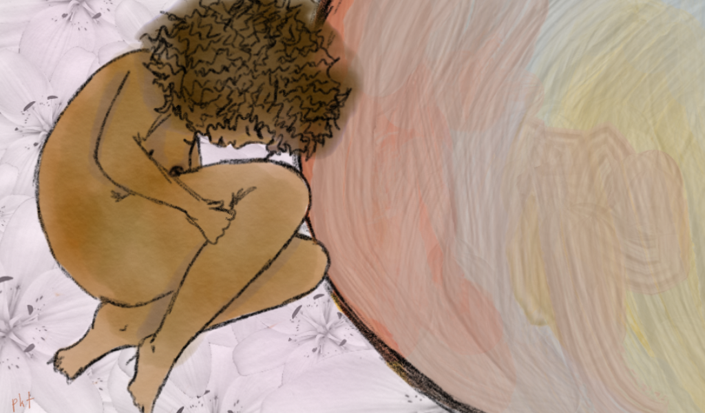 A mixed media piece: a nude black girl is curled into fetal position with her knees and forehead pressed against Pluto. The background is white Lillies, a representation of death.